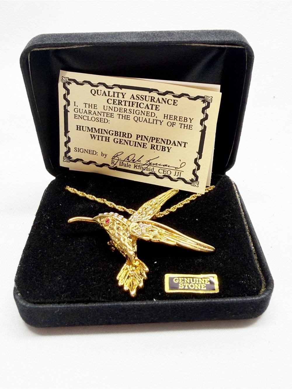 NEW Vintage 90s Dale Kincaid Ruby Eye Hummingbird Necklace Brooch Gold Tone